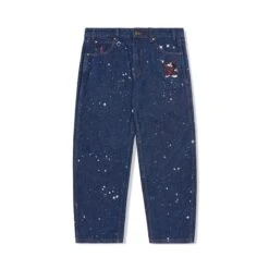 Fantasia Baggy Denim Jeans, Dark Indigo Bleach Splatter