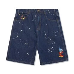 Sorcerer Baggy Denim Shorts, Dark Indigo Bleach Splatter